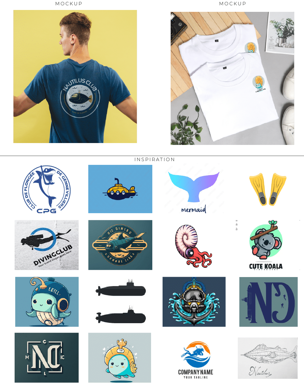 Creative board of a branding project for a diving club (logos)